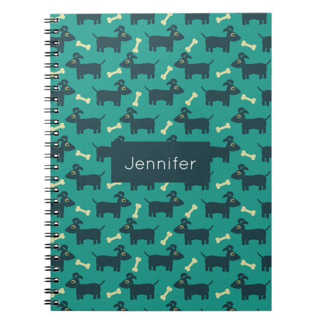 Cute Dog Pattern with Bone on Green Background Spiral Notebook (Front)