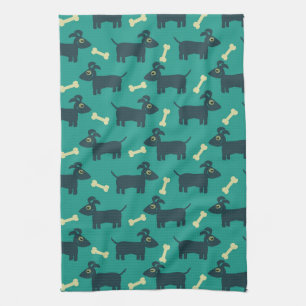 Cute Dog Pattern with Bone on Green Background Tea Towel