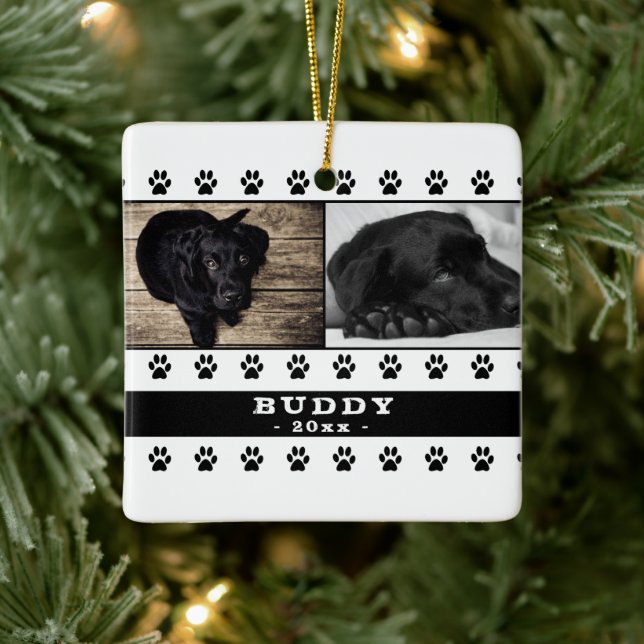 Cute Dog Paw 2 Photo Collage Christmas Keepsake Ceramic Ornament (Tree)