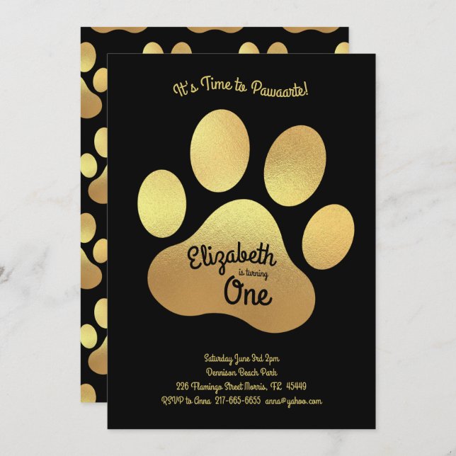 Cute Dog Paw Print Kids 1st Birthday Gold Black Invitation (Front/Back)