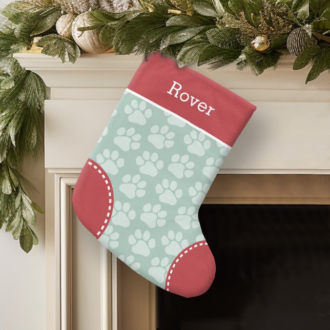 Cute Dog Paw Print Pattern Custom Pet Name Small Christmas Stocking (Personalized Christmas Stocking)