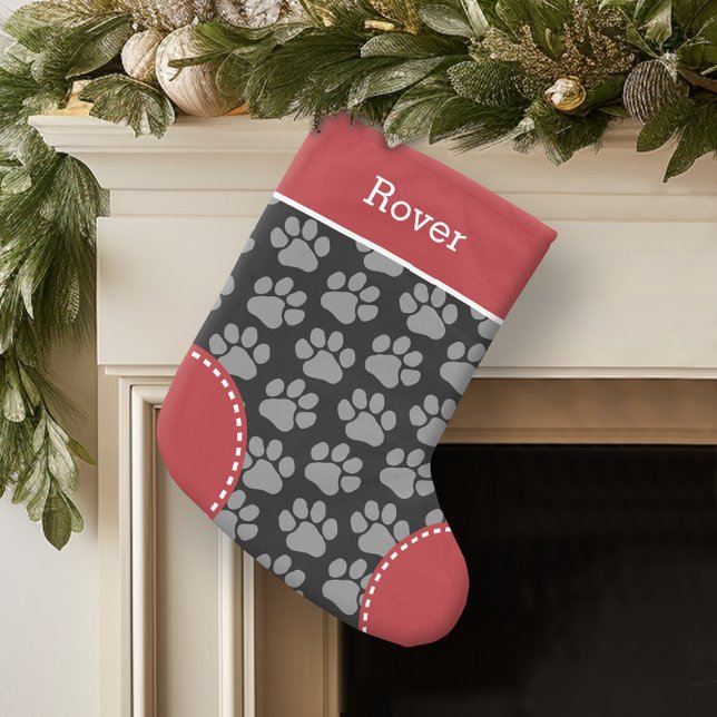 Cute Dog Paw Print Pattern Custom Pet Name Small Christmas Stocking (Personalized Christmas Stocking)
