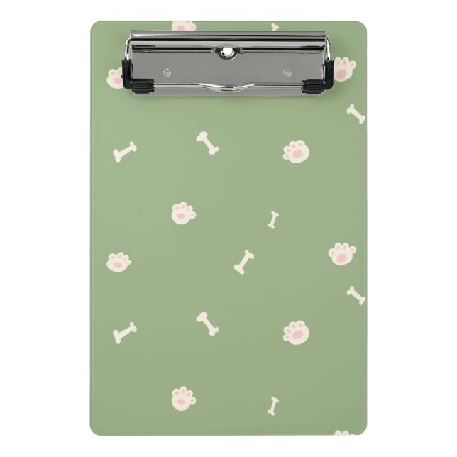 Cute Dog Paw Prints and Bones Pattern on Green Mini Clipboard (Front)