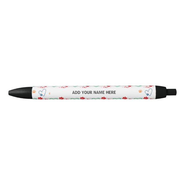 Cute DOG PAW PRINTS and LOVE HEARTS Personalised Black Ink Pen (Front)