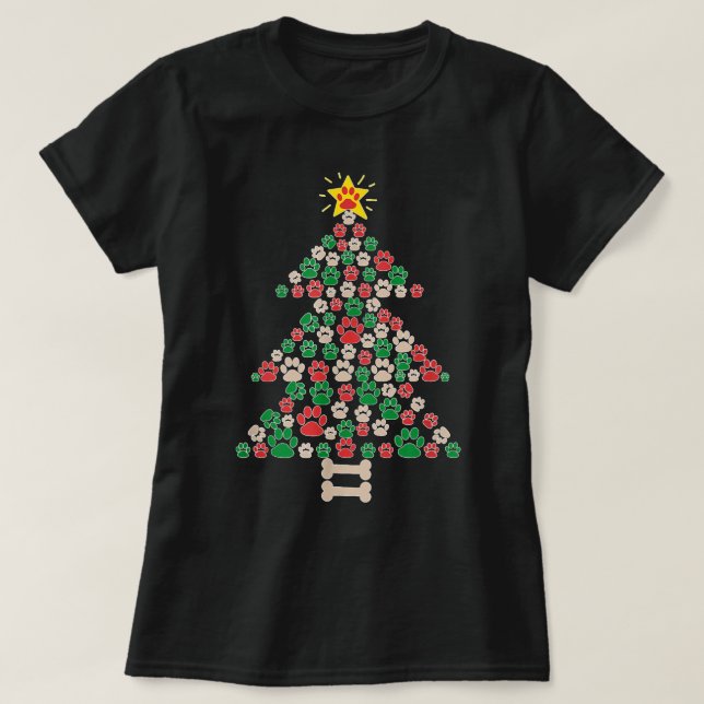 Cute Dog Paws Print Christmas Tree Paw Print Star  T-Shirt (Design Front)