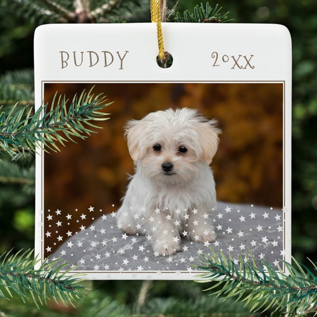 Cute Dog Pet 2 Photos Star Pattern Christmas Ceramic Ornament (Creator Uploaded)