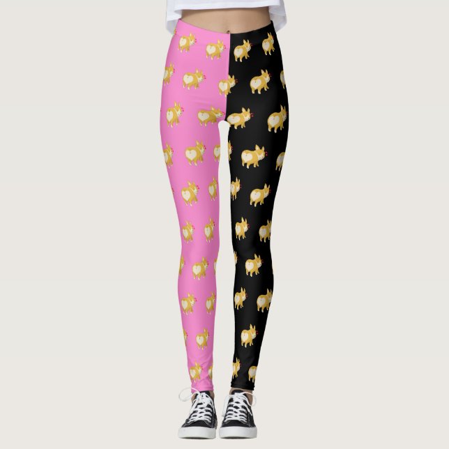cute dog pet butt heart love corgi hot pink black leggings (Front)