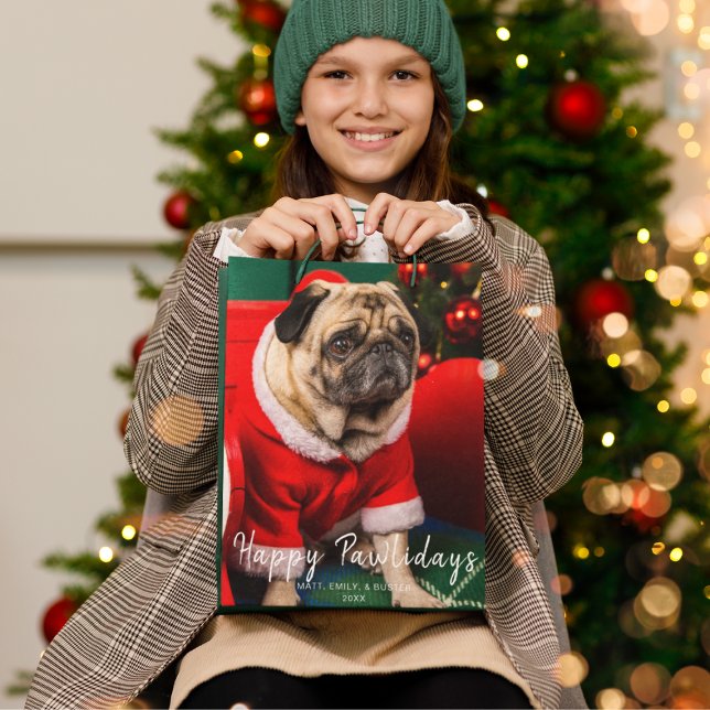 Cute Dog Pet Family Photo Happy Pawlidays Green Medium Gift Bag (Creator Uploaded)