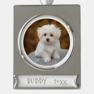 Cute Dog Pet Photo Holidays Christmas Silver Plated Banner Ornament