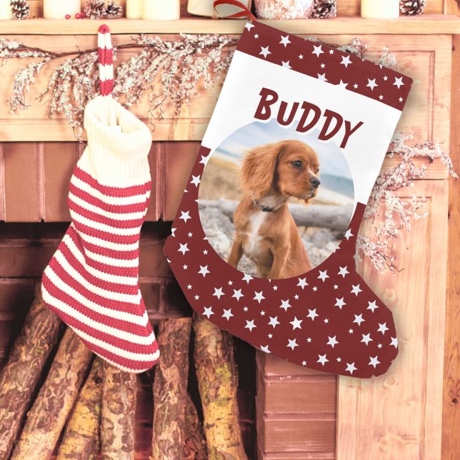 Cute Dog Pet Photo Red Star Pattern Small Christmas Stocking (Creator Uploaded)