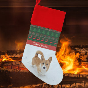 Cute Dog Photo Festive Red Green Custom Pet Christmas Stocking