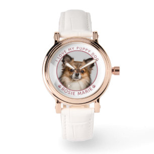 Cute Dog Photo Name Pink Paw Prints Personalised Watch