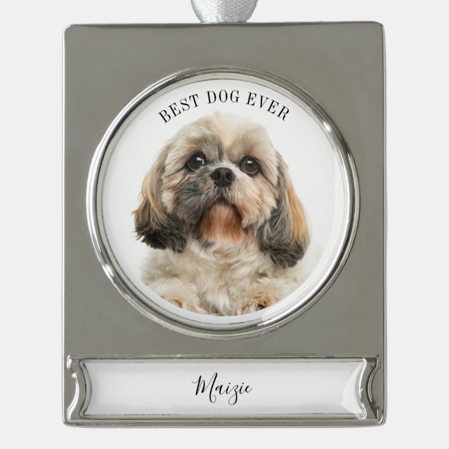 Cute Dog Photo Personalised Pet Holiday Silver Plated Banner Ornament (Front)