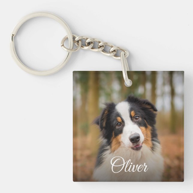 Cute Dog Photo Script Name Pet Lover Key Ring (Front)