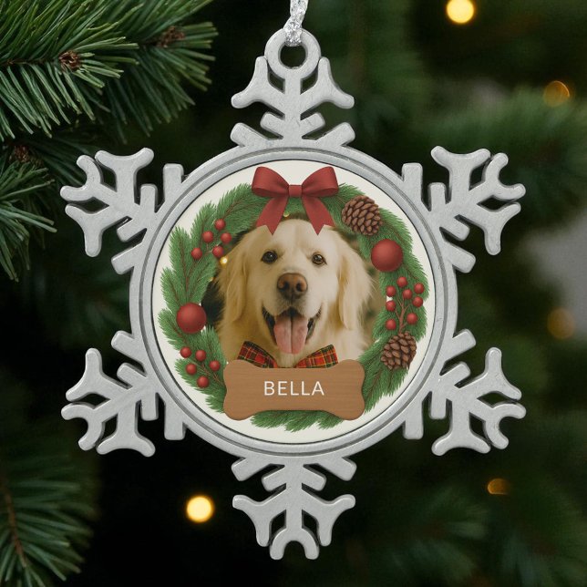 Cute Dog Photo Simple Holiday Christmas Wreath Snowflake Pewter Christmas Ornament (Creator Uploaded)
