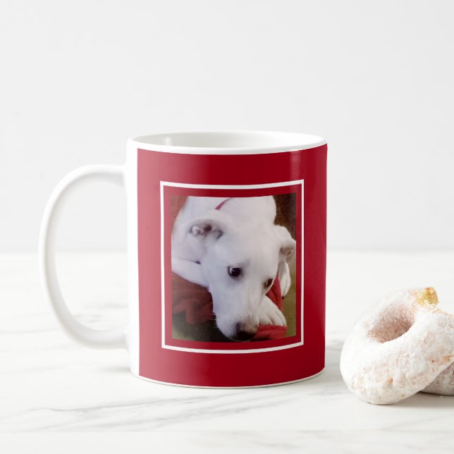 Cute Dog Photo White and Red Merry Christmas Coffee Mug (With Donut)