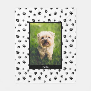 Cute Dog Photo with Name Black Paw Prints Pattern Fleece Blanket
