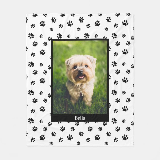 Cute Dog Photo with Name Black Paw Prints Pattern Fleece Blanket (Front)