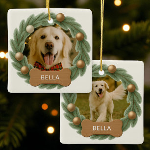 Cute Dog Photo Wreath Name Holiday Christmas Ceramic Ornament