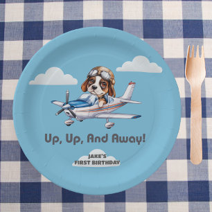 Cute Dog Pilot Flying Aeroplane Boy First Birthday Paper Plate