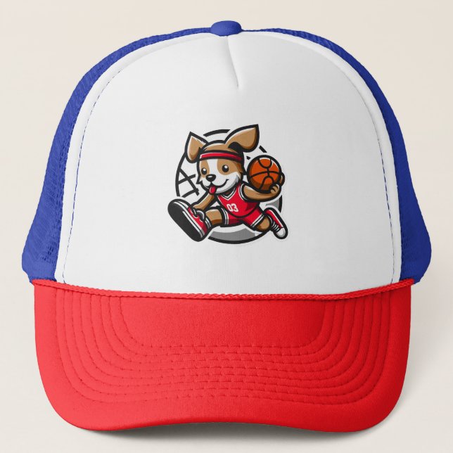 Cute dog playing basketball trucker hat (Front)