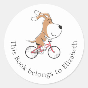 Cute Dog Puppy Bicycle Bookplate This Book Belongs Classic Round Sticker