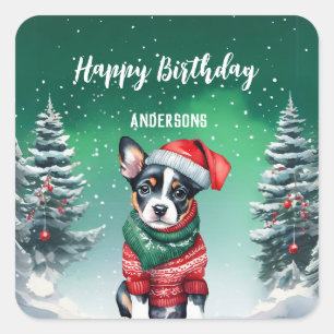 Cute Dog Puppy Christmas tree birthday girl party Square Sticker