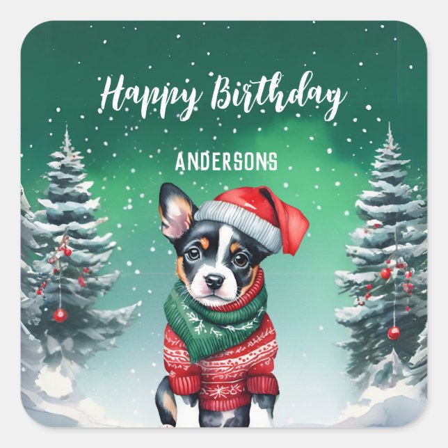Cute Dog Puppy Christmas tree birthday girl party Square Sticker (Front)