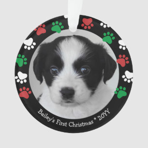 Cute Dog Puppy First Christmas Pawprints Red Green Ornament