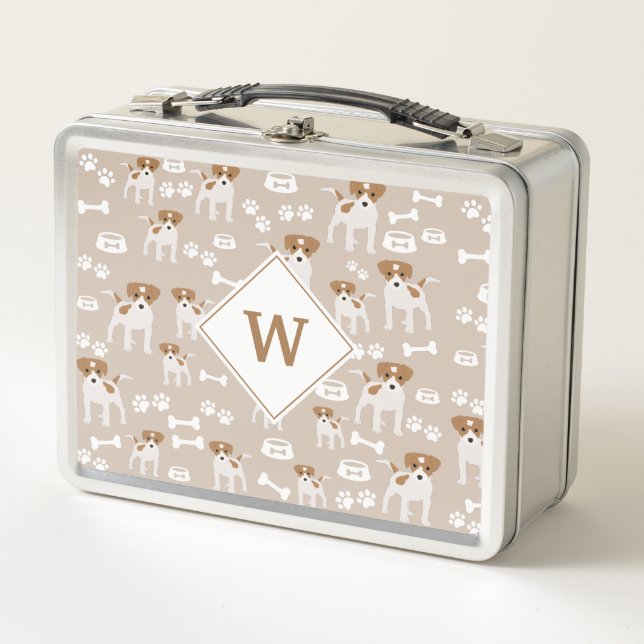 Cute Dog Puppy Paw Prints Pattern Monogram  Metal Lunch Box (Front)