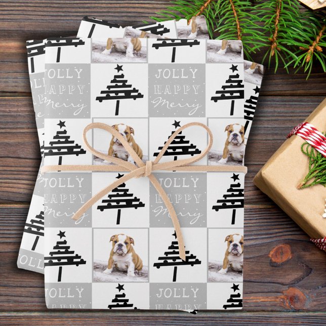 Cute Dog Puppy Pet Photo Black Christmas Tree Wrapping Paper Sheet (Creator Uploaded)