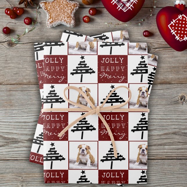 Cute Dog Puppy Pet Photo Red Christmas Tree Wrapping Paper Sheet (Creator Uploaded)