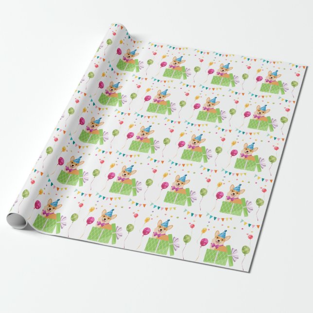 Cute Dog Puppy Themed Kid's Birthday Party Wrapping Paper (Unrolled)