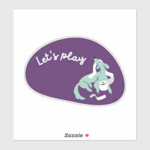 Cute dog, purple and aqua, "let's play!"