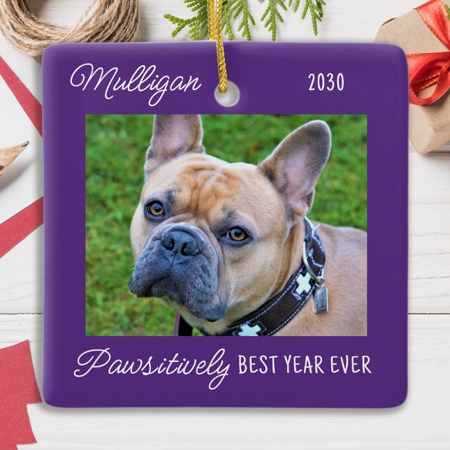 Cute Dog Purple Quarantine Christmas Pet Photo Ceramic Ornament (Creator Uploaded)