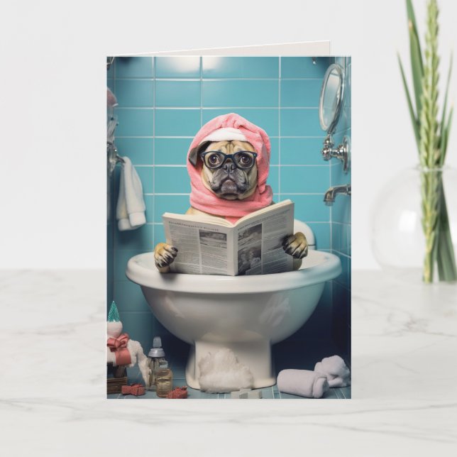 Cute Dog Reading Newspaper in Bathroom Folded Card (Front)