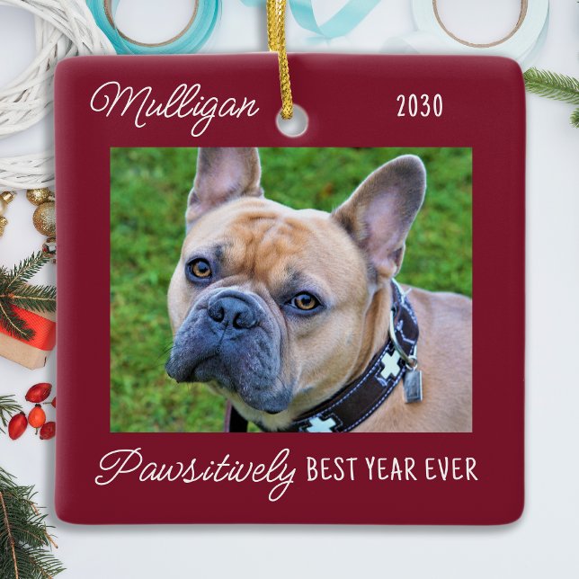 Cute Dog Red Quarantine Christmas Pet Photo Ceramic Ornament (Creator Uploaded)