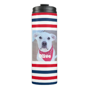 Cute Dog Red White Blue Stripes Patriotic Photo Thermal Tumbler