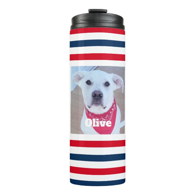 Cute Dog Red White Blue Stripes Patriotic Photo Thermal Tumbler (Front)