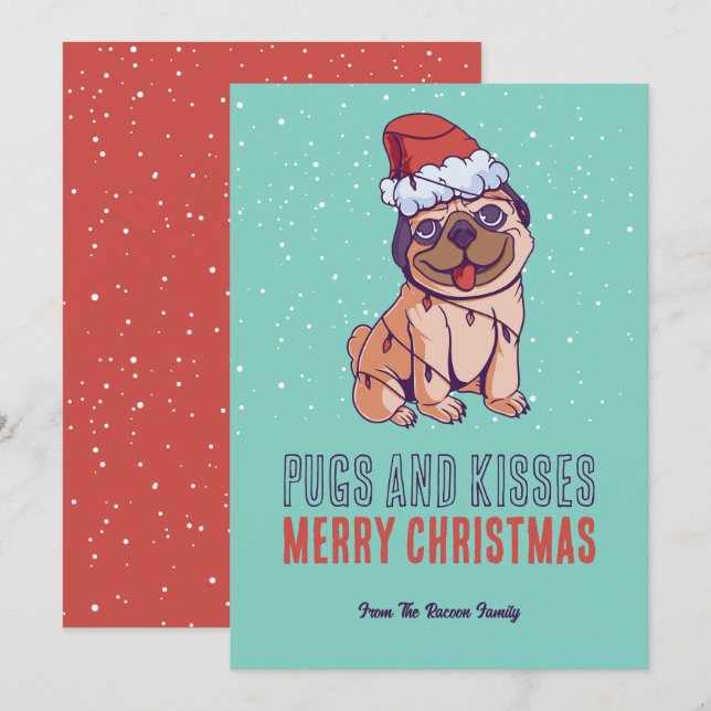 Cute Dog Santa Pugs and Kisses Merry Christmas Holiday Card (Front/Back)