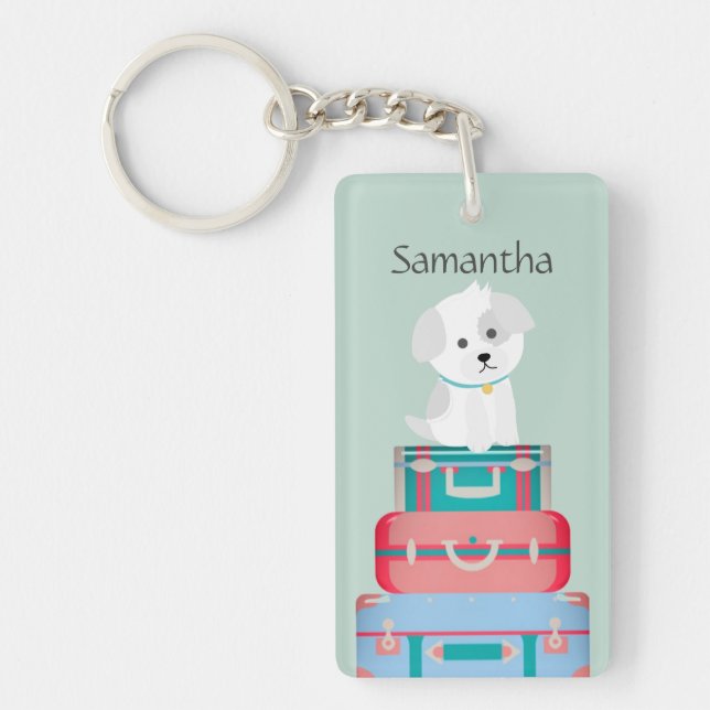 Cute Dog Sat on Suitcases Personalised Key Ring (Front)