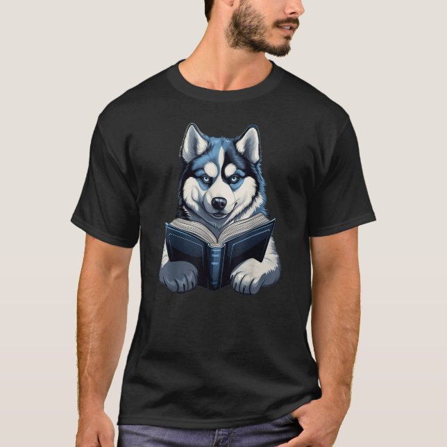 Cute Dog Siberian Husky Reading Book T-Shirt (Front)