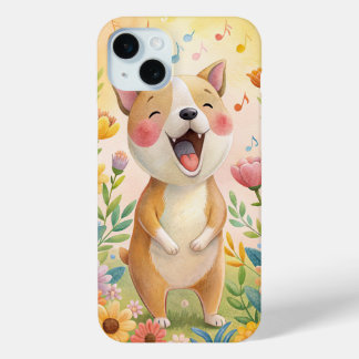 Cute dog singing with flowers iPhone 15 mini case