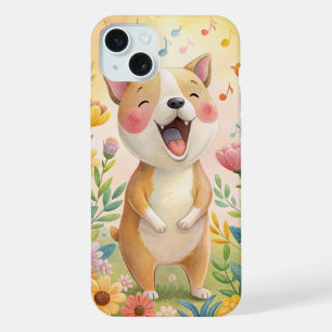 Cute dog singing with flowers iPhone 15 plus case