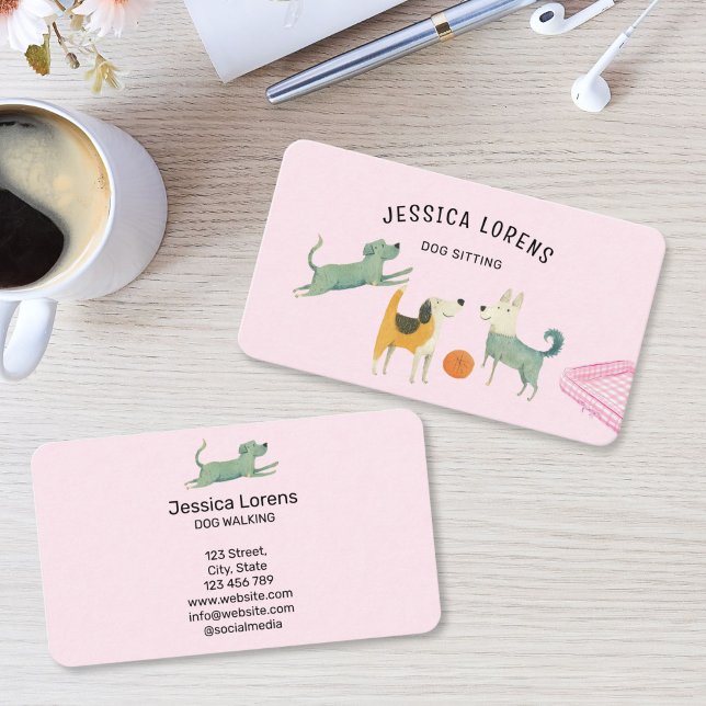 Cute Dog Sitter, Pet Groomer, Veterinarian, Puppy  Business Card (cute watercolor dogs on the pink background, pet sitting business card)