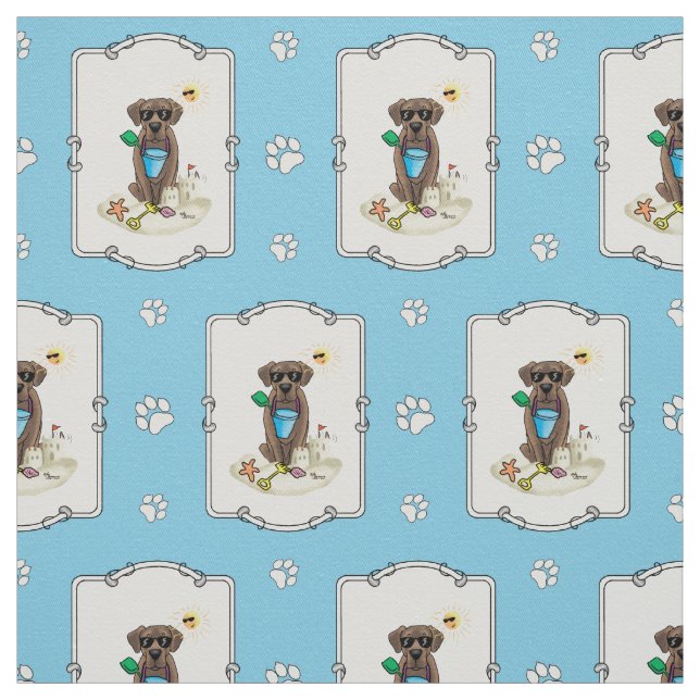 Cute Dog Summer Beach Chocolate Labrador Retriever Fabric (Swatch)