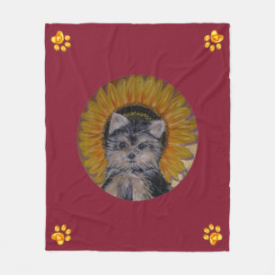 Cute Dog, Sunflower and Gold Paws Fleece Blanket
