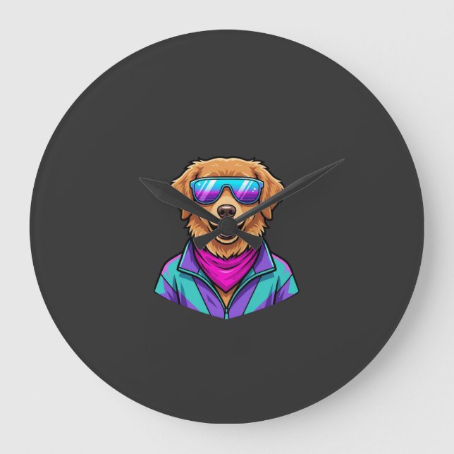 Cute Dog Sunglasses Retro Neon Art_1 Large Clock (Front)