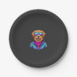 Cute Dog Sunglasses Retro Neon Art_1 Paper Plate