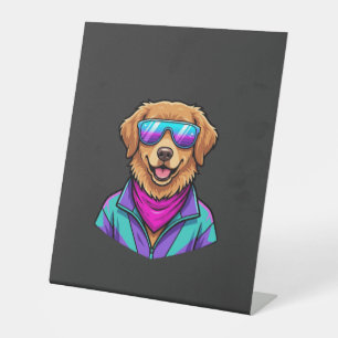 Cute Dog Sunglasses Retro Neon Art_1 Pedestal Sign